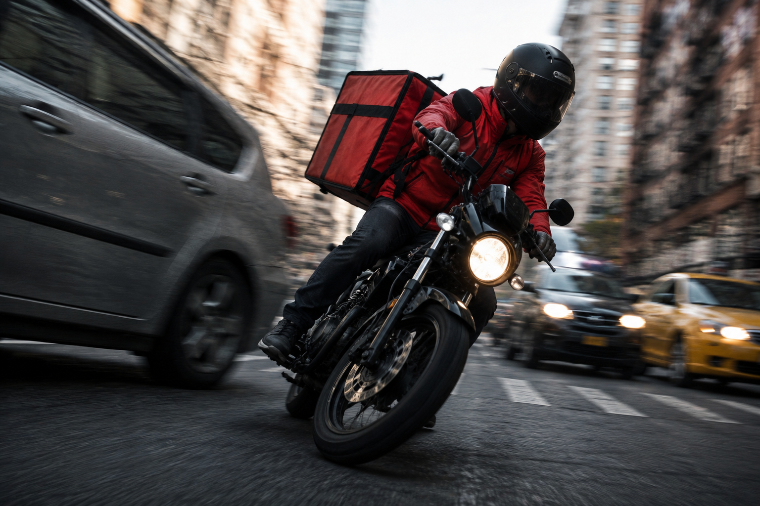 Delivery rider weaving through dense city traffic on a motorbike
